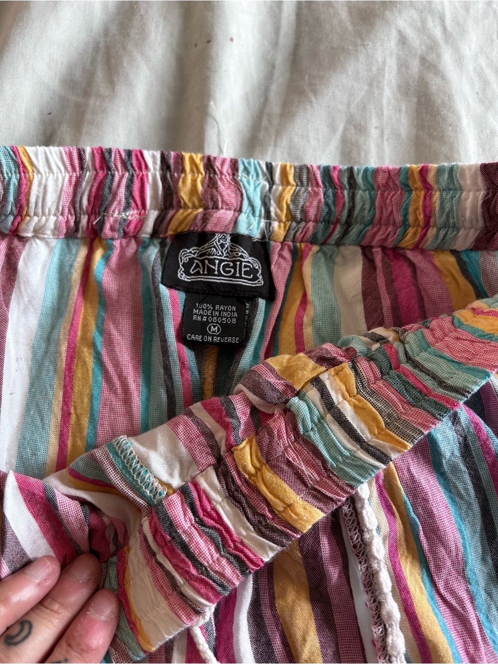 Angie Pink Multi Striped Women’s Casual Pants with Pom Trim - Picture 2 of 2